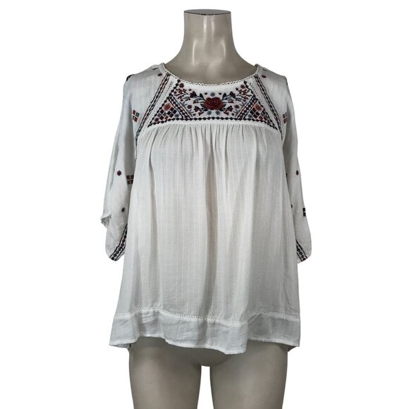 KNOX ROSE - WOMEN'S MEDIUM - WHITE EMBROIDERED  FLORAL ROUND NECK 100% RAYON TOP - Picture 1 of 5